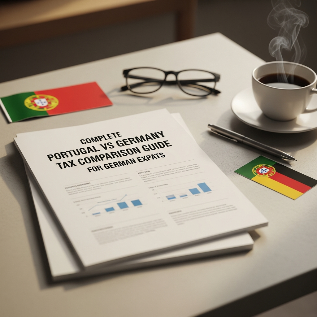 German and Portuguese flags over a desk with tax papers