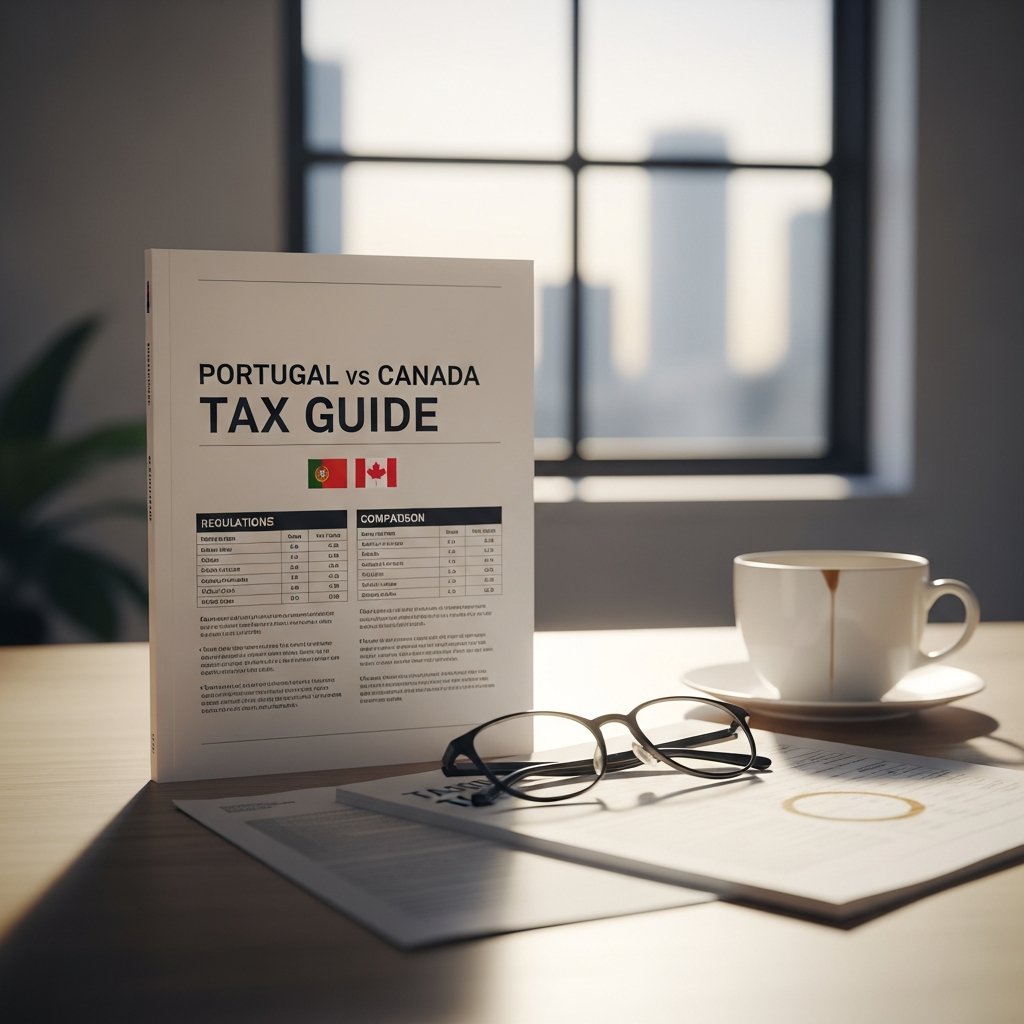 Canadian and Portuguese flags over tax documents