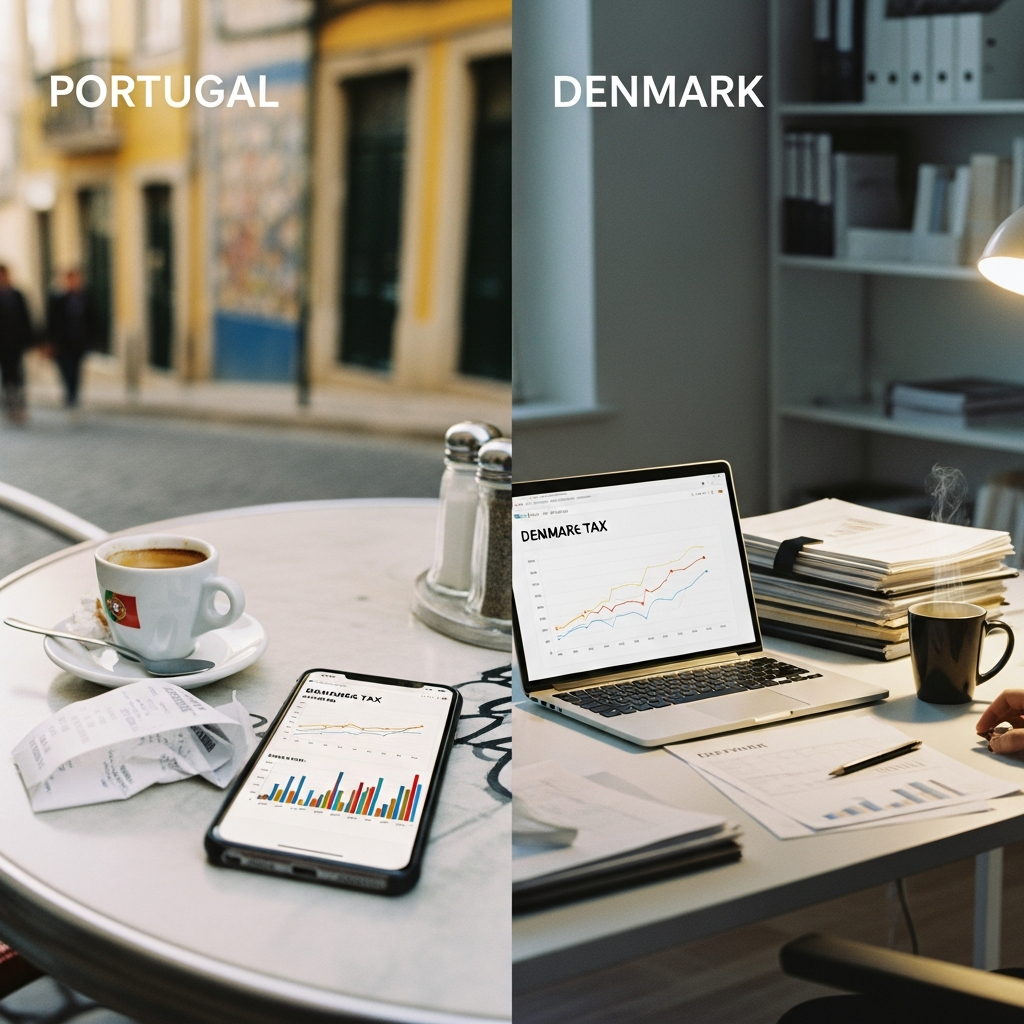 Danish and Portuguese flags with financial documents