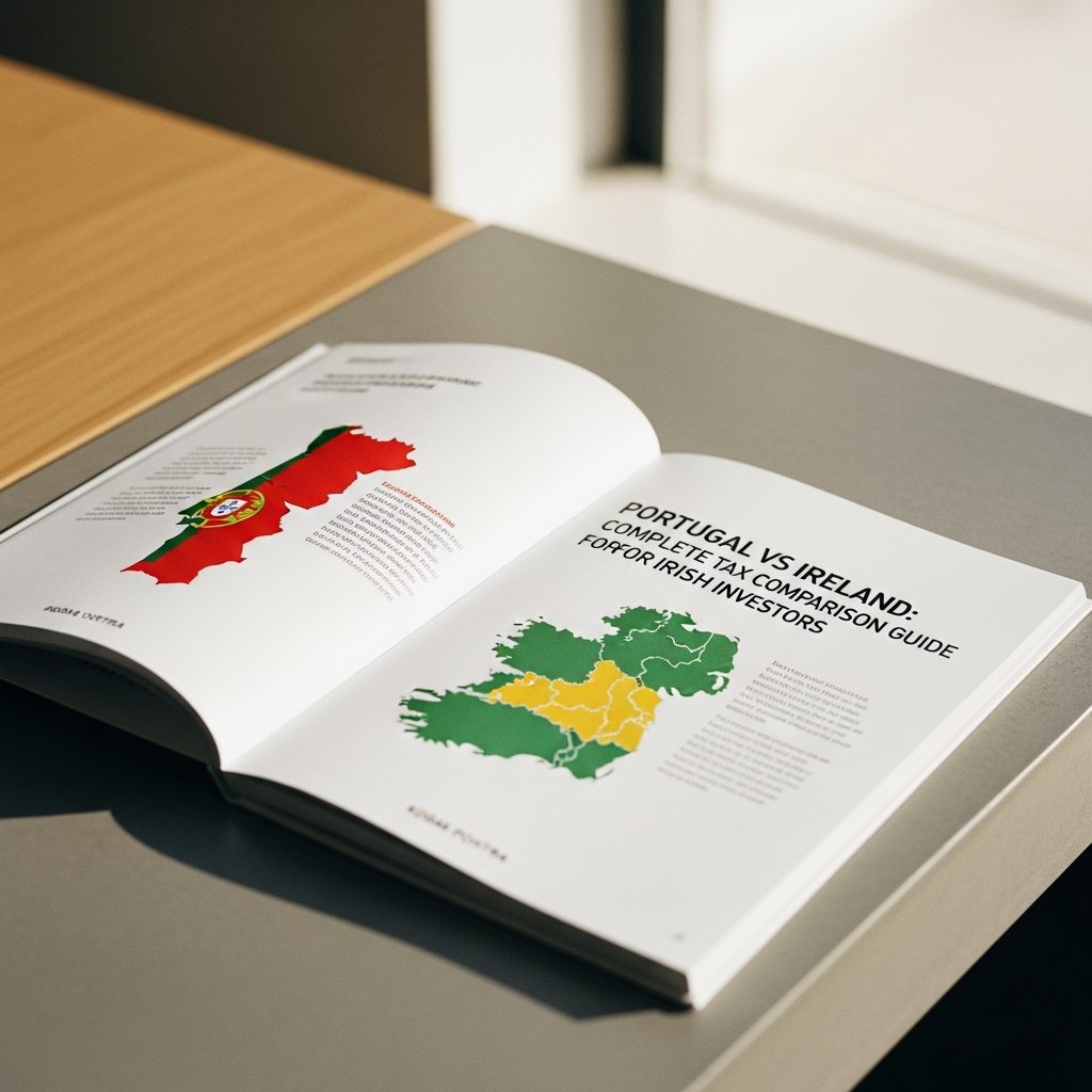 Irish and Portuguese flags with tax paperwork