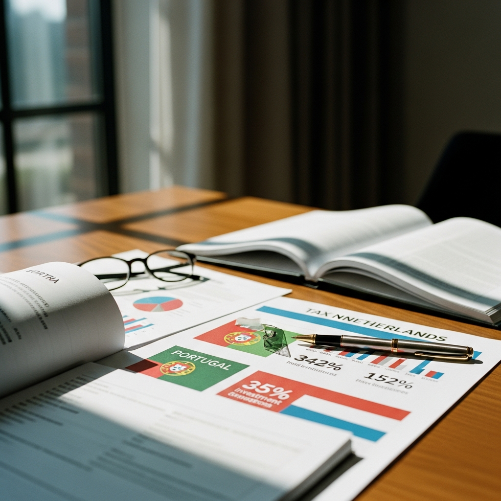 Dutch and Portuguese flags with financial documents