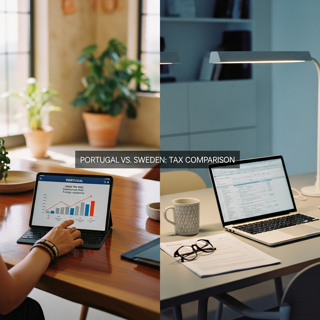 Swedish and Portuguese flags with financial documents