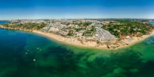 Aerial drone view of Oura beach (Praia da Oura). Albufeira, Algarve, Portugal